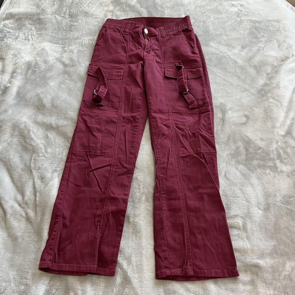 V.I.P. Womens Cargo Pants Size 5/27 Maroon Utility Pockets Strap Detail Casual‎